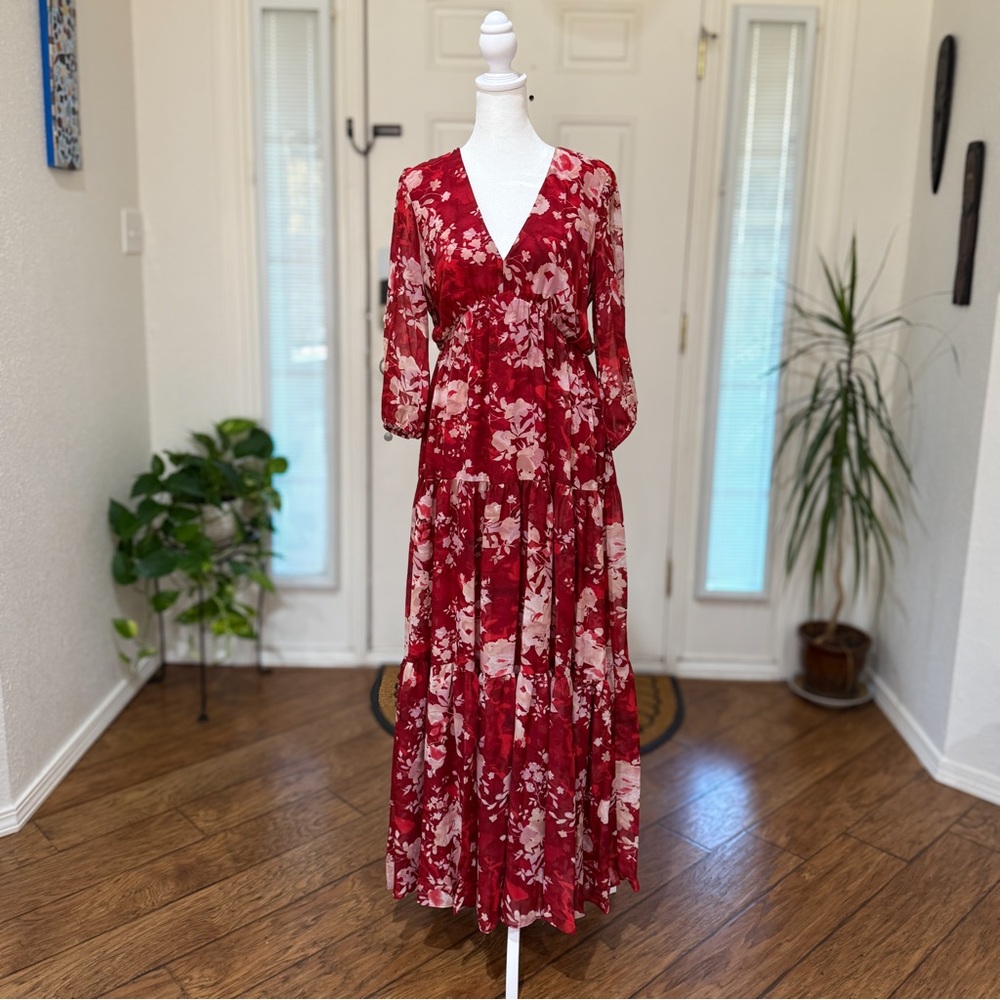 Melonie T Red & White Floral Tiered Maxi Dress | Size 8